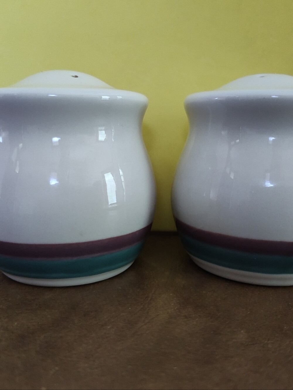 Pfaltzgraff Juniper Salt and Pepper Shakers with Teal and Plum Stripes